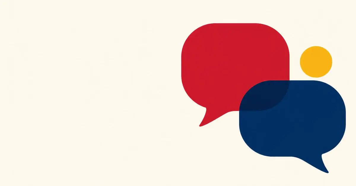 Ilustração de dois balões de fala, um vermelho e um azul-marinho, com um ponto amarelo
