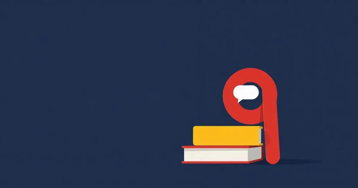 Ilustração de livros empilhados em amarelo e vermelho sobre fundo azul-marinho
