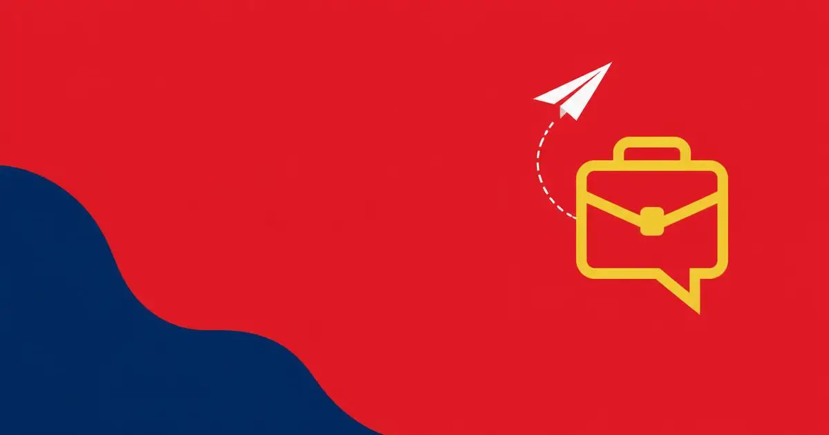 Ilustração de um avião de papel e uma maleta em balão de fala sobre fundo vermelho