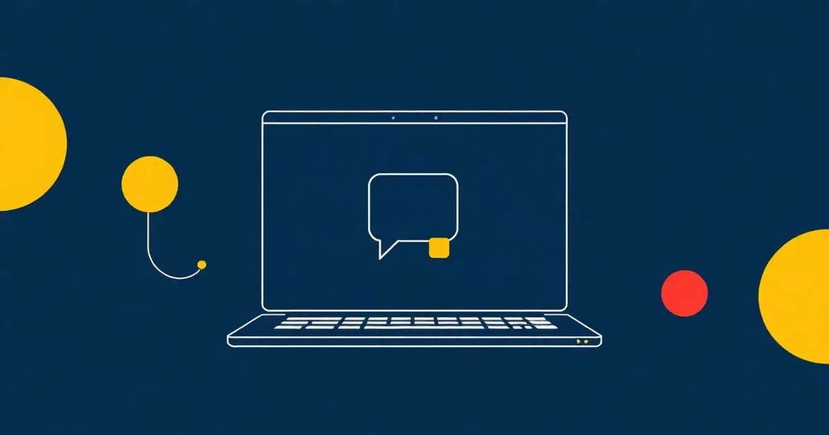 Ilustração de um notebook com um balão de fala na tela, em azul-marinho e amarelo