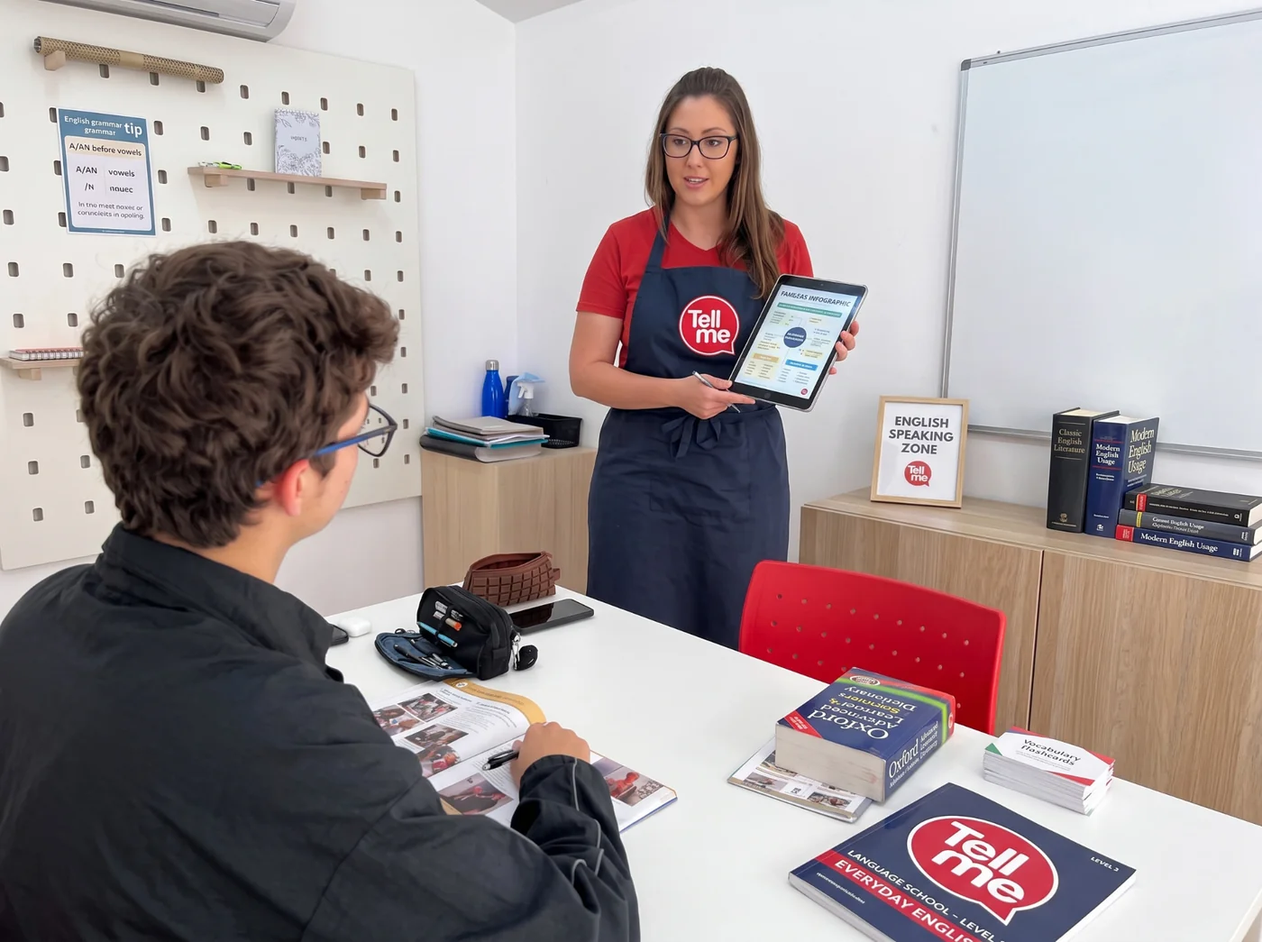 Professora da Tell Me com avental da marca explicando conteúdo em tablet para um aluno adolescente durante aula de inglês